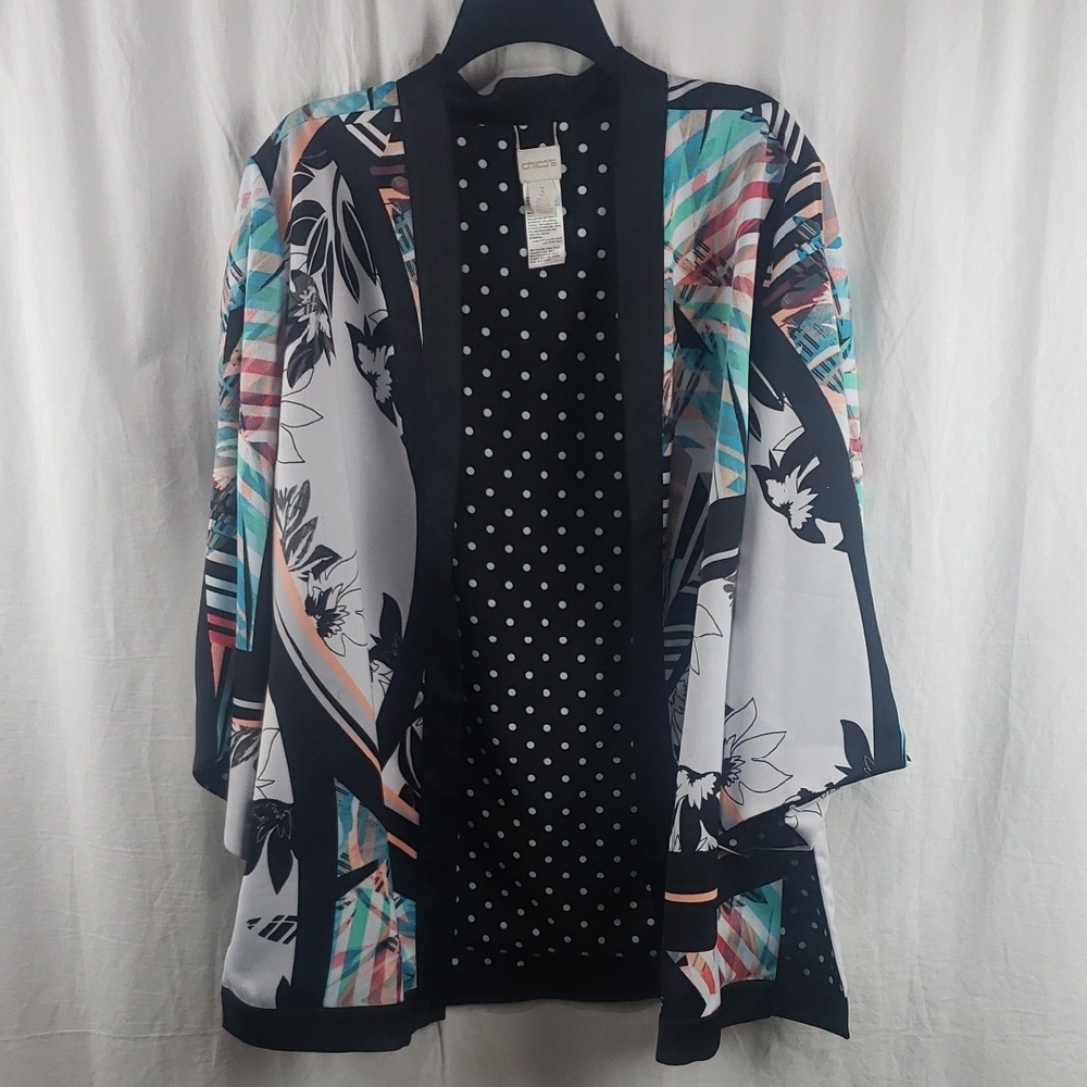 Chico's Women's 3 Black and White Polka Dot Floral Kimono Duster Jacket